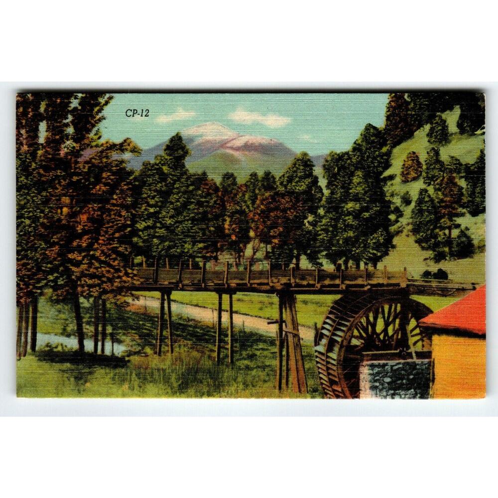 Old Grist Water Mill Wheel Ruidoso New Mexico Postcard Linen Old Baldy Mountains